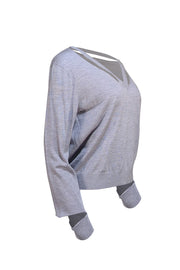Tory Burch - Grey Merino Wool V-Cut Out Sweater Sz L - Current Boutique