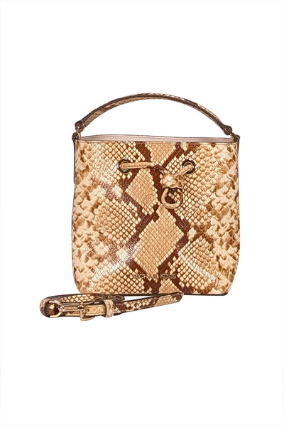 Michael Kors - Tan, Cream, & Brown Snake Embossed Print Leather Bucker Bag - Current Boutique