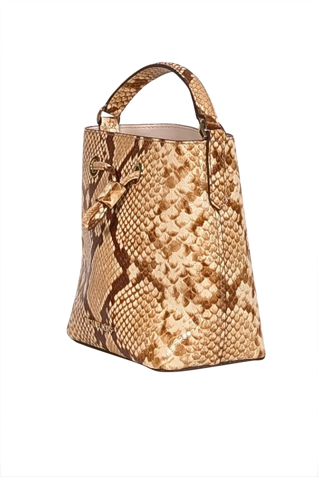 Michael Kors - Tan, Cream, & Brown Snake Embossed Print Leather Bucker Bag - Current Boutique