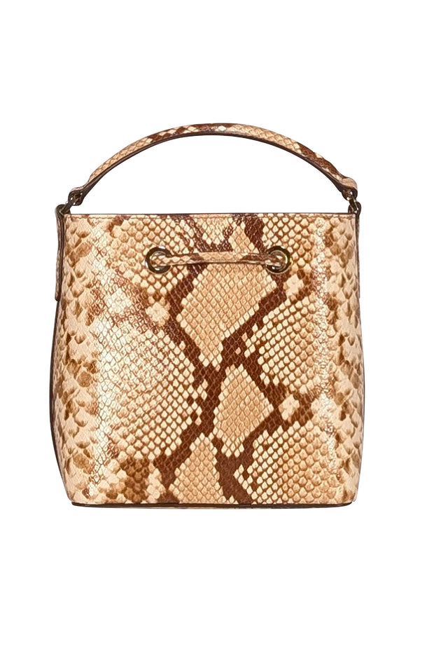 Michael Kors - Tan, Cream, & Brown Snake Embossed Print Leather Bucker Bag - Current Boutique