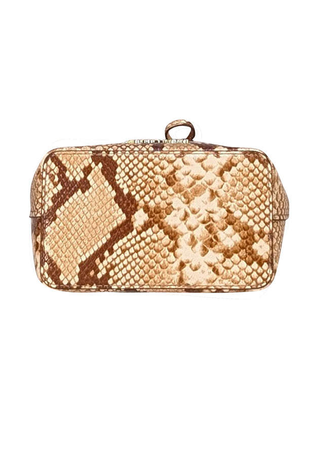 Michael Kors - Tan, Cream, & Brown Snake Embossed Print Leather Bucker Bag - Current Boutique