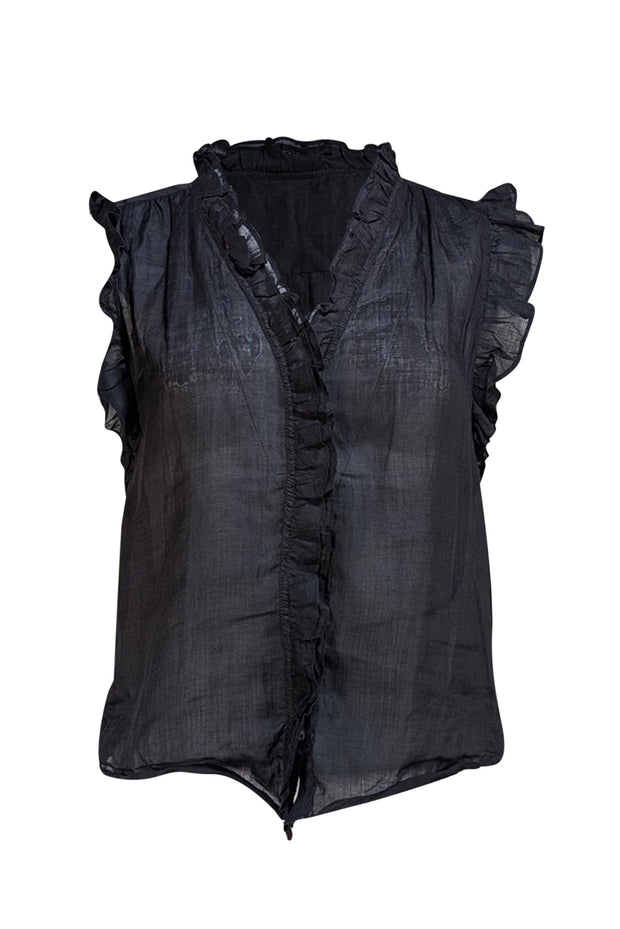 Frame - Black Ruffle Trim Button Front Blouse Sz S