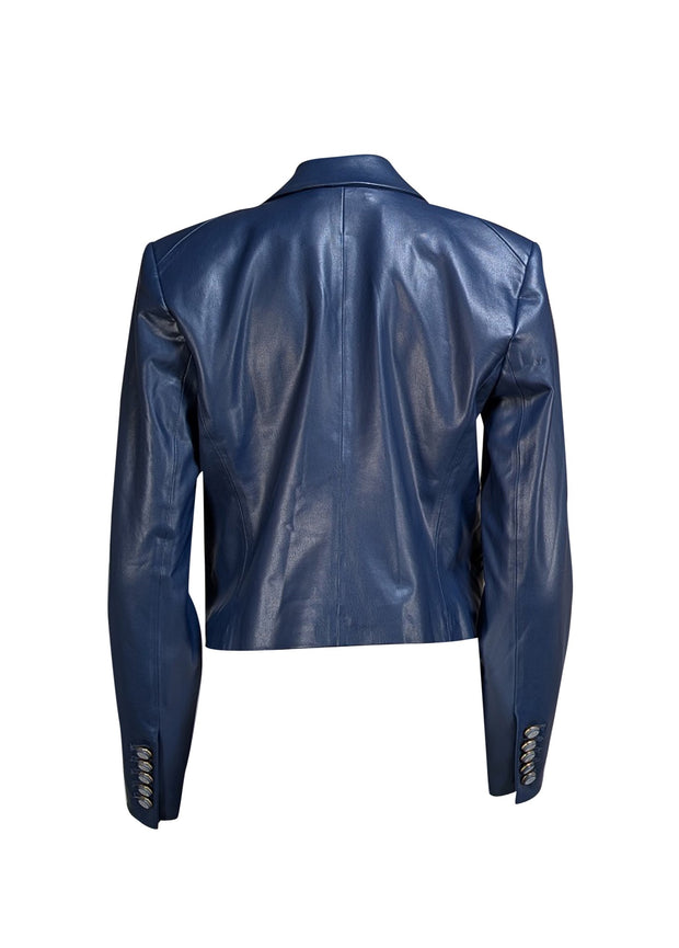 Veronica Beard - Navy Faux Leather Cropped Blazer Sz 8 - Current Boutique