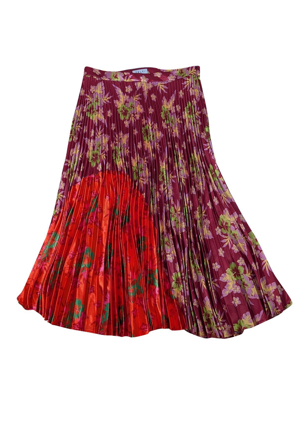 Delfi - Dark Pink & Red-Orange Floral Accordion Pleated Midi Skirt Sz M