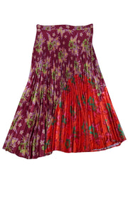 Delfi - Dark Pink & Red-Orange Floral Accordion Pleated Midi Skirt Sz M