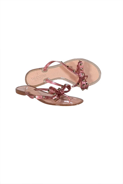 Valentino - Pink Glitter Transparent Studded Bow Tow Flip Flops Sz 8 - Current Boutique