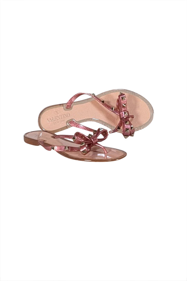 Valentino - Pink Glitter Transparent Studded Bow Tow Flip Flops Sz 8 - Current Boutique