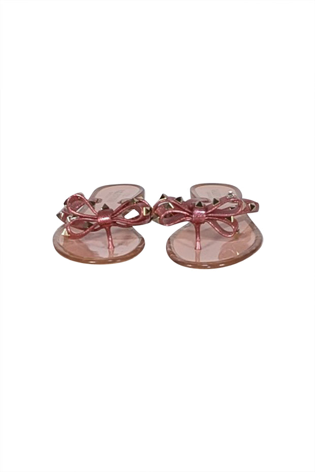 Valentino - Pink Glitter Transparent Studded Bow Tow Flip Flops Sz 8 - Current Boutique