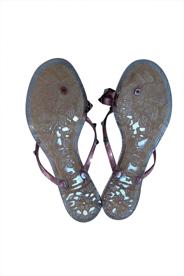 Valentino - Pink Glitter Transparent Studded Bow Tow Flip Flops Sz 8 - Current Boutique