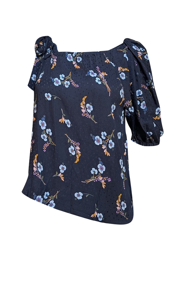 Rebecca Taylor - Black Polka Dot Floral Print One Shoulder Shirt Sz 4 - Current Boutique