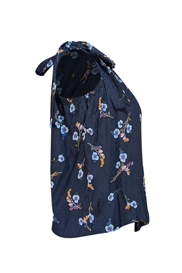 Rebecca Taylor - Black Polka Dot Floral Print One Shoulder Shirt Sz 4 - Current Boutique