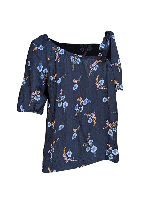 Rebecca Taylor - Black Polka Dot Floral Print One Shoulder Shirt Sz 4 - Current Boutique
