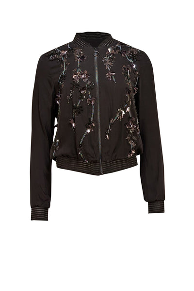 Elie Tahari - Black Beaded & Sequin Detail Lightweight Bomber Jacket Sz XS - Current Boutique