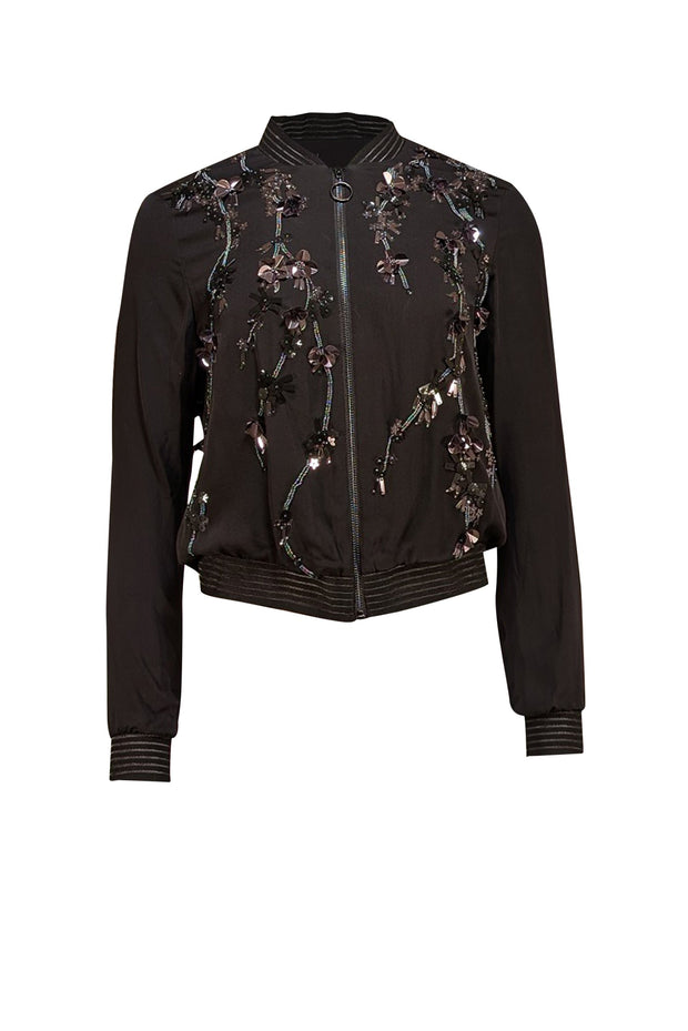 Elie Tahari - Black Beaded & Sequin Detail Lightweight Bomber Jacket Sz XS - Current Boutique