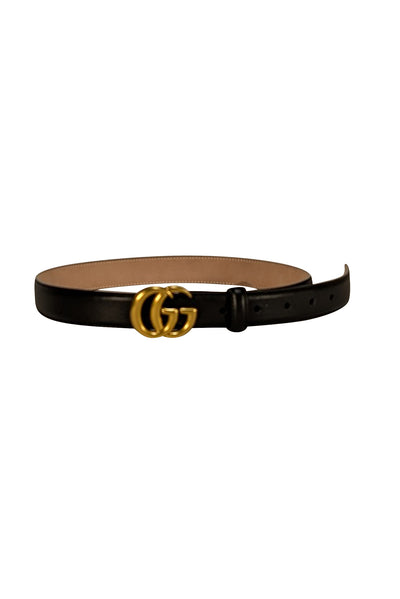 Gucci - Black Matte Leather Thin Belt w/ Brass Logo Buckle Sz 2
