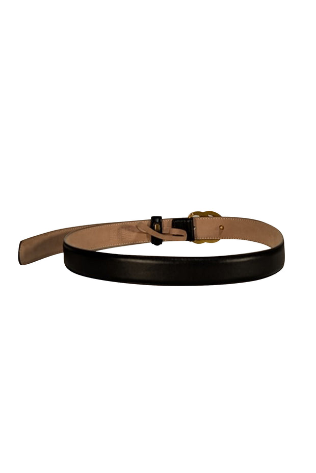 Gucci - Black Matte Leather Thin Belt w/ Brass Logo Buckle Sz 2