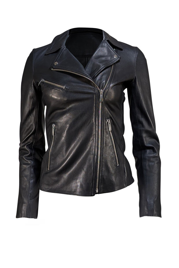 Reiss - Black Lamb Leather Moto Zipper Jacket Sz 0