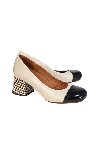 Chie Mihara - Ivory Leather w/ Printed Block Heel Sz 8.5 - Current Boutique