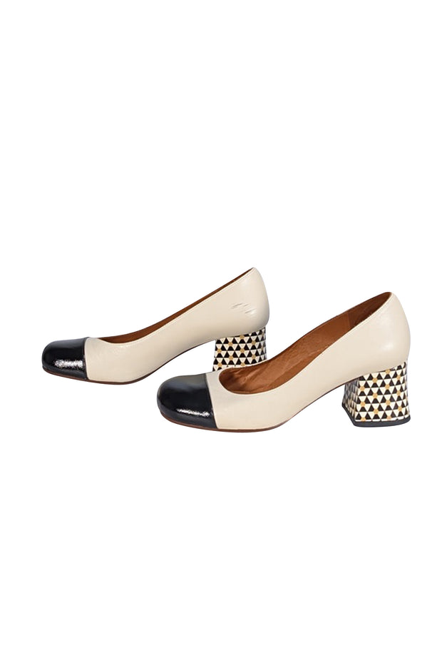 Chie Mihara - Ivory Leather w/ Printed Block Heel Sz 8.5 - Current Boutique