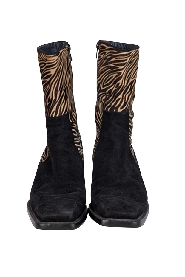 Stuart Weitzman - Black w/ Tan & Brown Animal Print Boots Sz 7.5 - Current Boutique