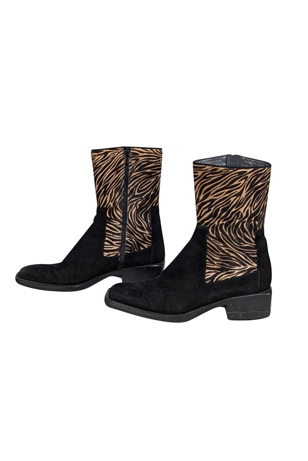 Stuart Weitzman - Black w/ Tan & Brown Animal Print Boots Sz 7.5 - Current Boutique
