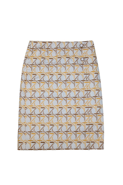Tory Burch - White w/ Yellow & Brown Embroidered Detail Skirt Sz 10 - Current Boutique