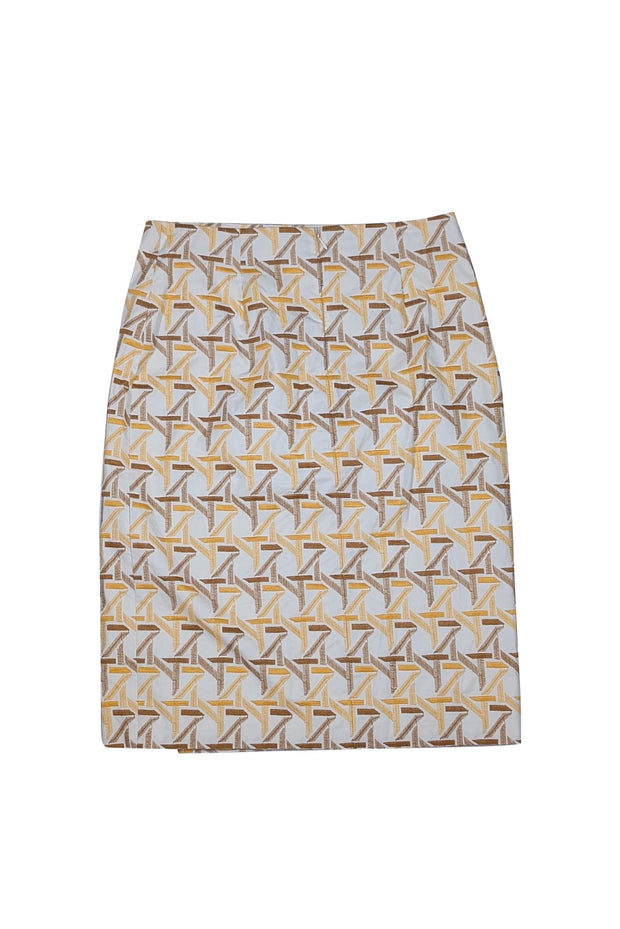Tory Burch - White w/ Yellow & Brown Embroidered Detail Skirt Sz 10 - Current Boutique