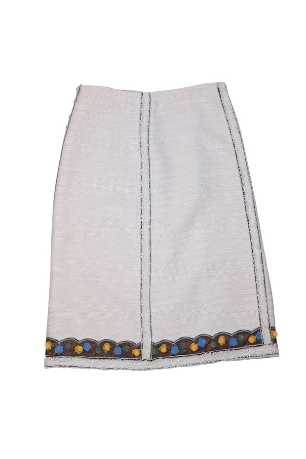 Tory Burch - Cream Boucle Embroidered Print Trim Hem Skirt Sz 10 - Current Boutique