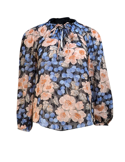 Rebecca Taylor - Black, Blue, & Peach Floral Semi Sheer Blouse Sz 2