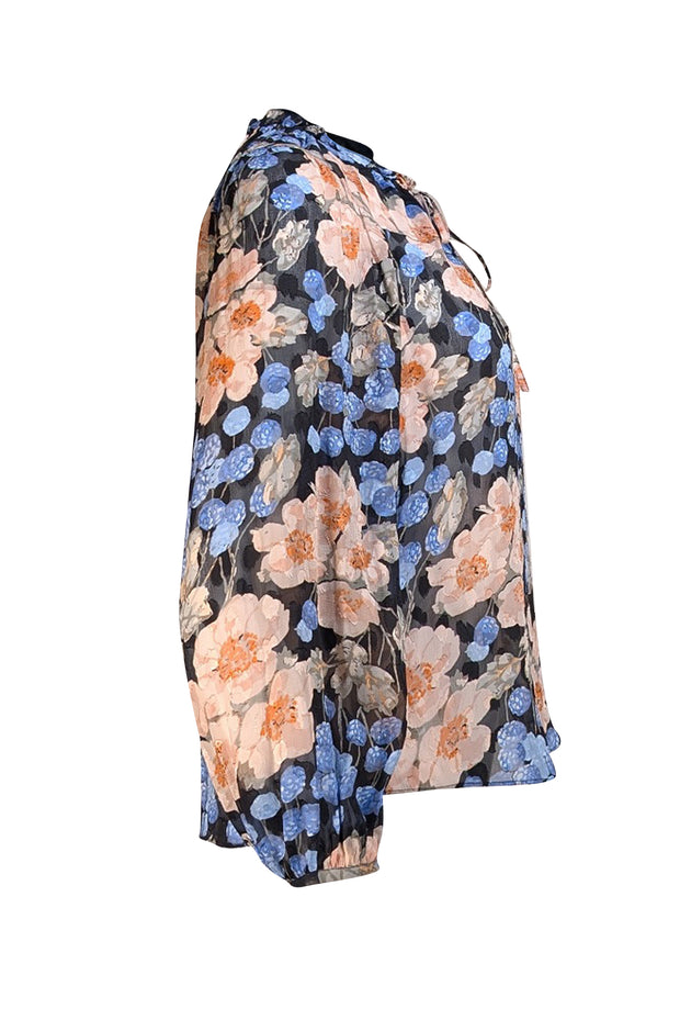 Rebecca Taylor - Black, Blue, & Peach Floral Semi Sheer Blouse Sz 2