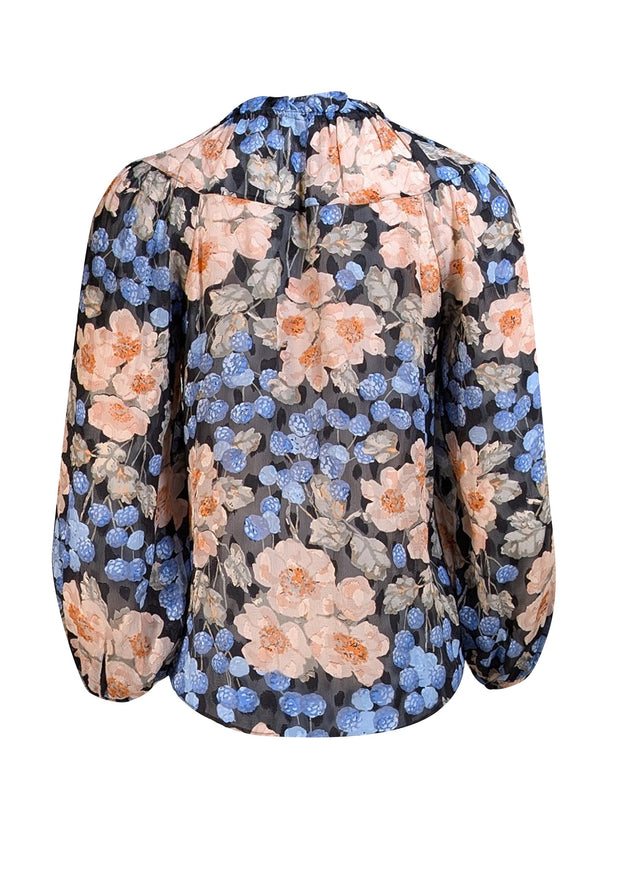 Rebecca Taylor - Black, Blue, & Peach Floral Semi Sheer Blouse Sz 2