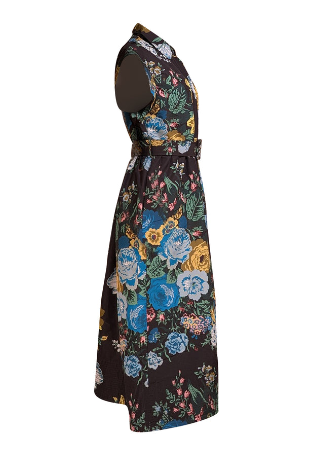 Tuckernuck - Black & Multicolor Floral Button Front Belted Short Sleeve Dress Sz L - Current Boutique