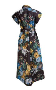 Tuckernuck - Black & Multicolor Floral Button Front Belted Short Sleeve Dress Sz L - Current Boutique