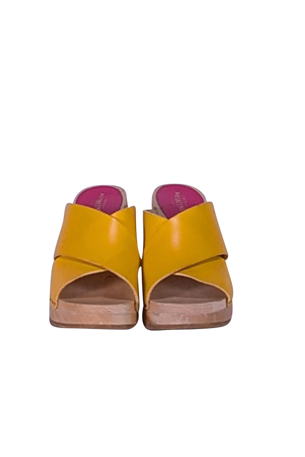 Swedish Hasbeens - Yellow Leather Wooden Mule Heels Sz 6 - Current Boutique