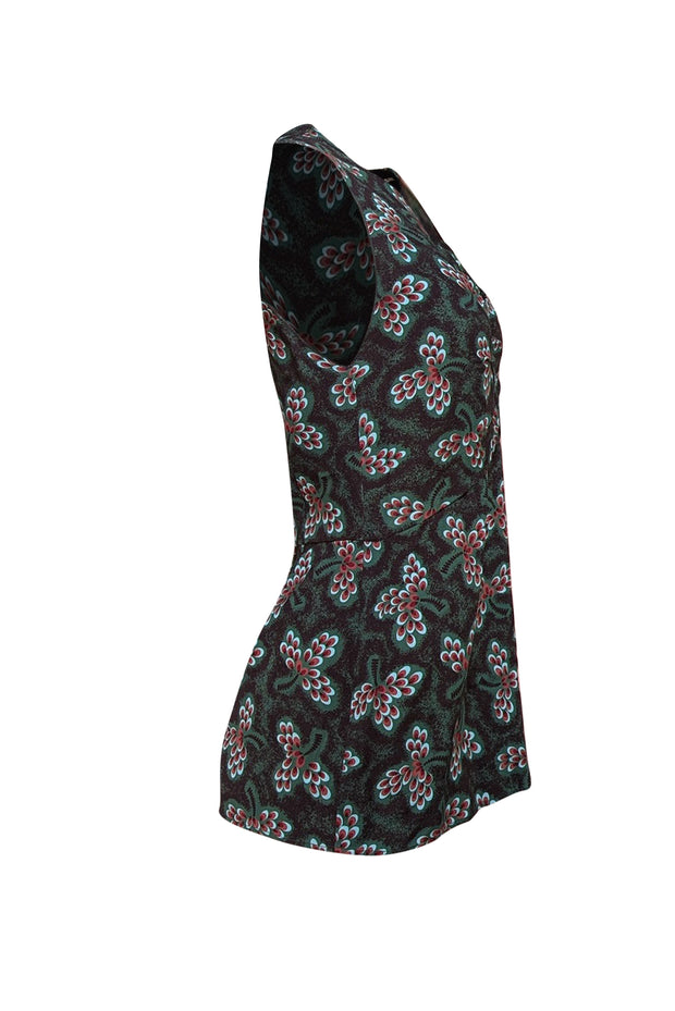 Rachel Comey - Green & Maroon Print Sleeveless Blouse Sz 8 - Current Boutique