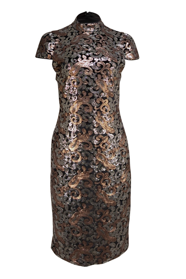 Alice & Olivia - Silver & Gold Sequin Mock Neck Short Sleeve Dress Sz 12
