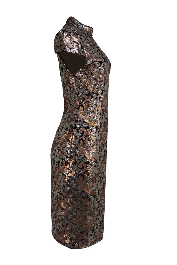 Alice & Olivia - Silver & Gold Sequin Mock Neck Short Sleeve Dress Sz 12