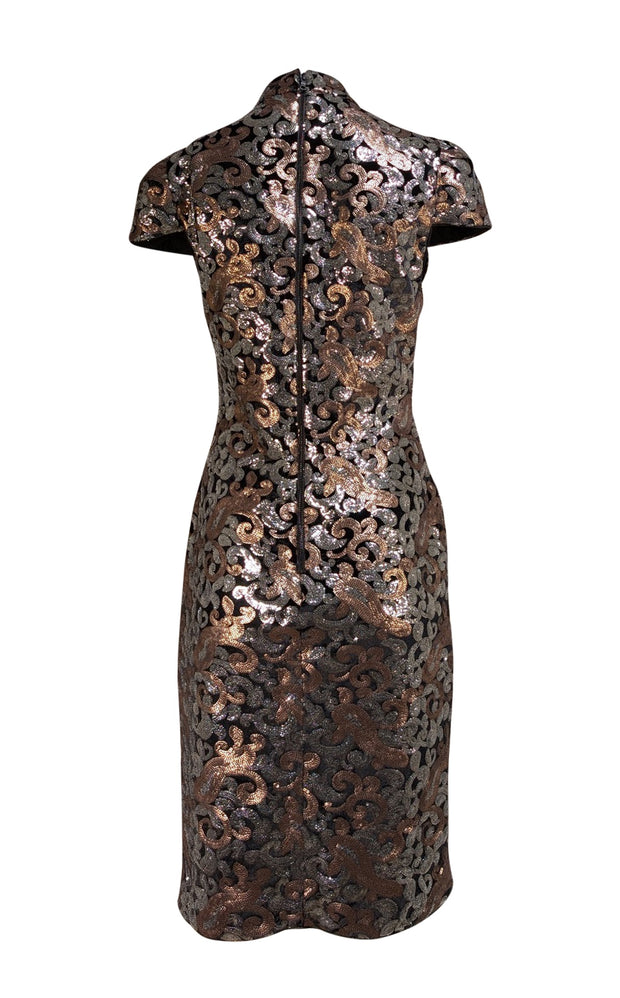 Alice & Olivia - Silver & Gold Sequin Mock Neck Short Sleeve Dress Sz 12