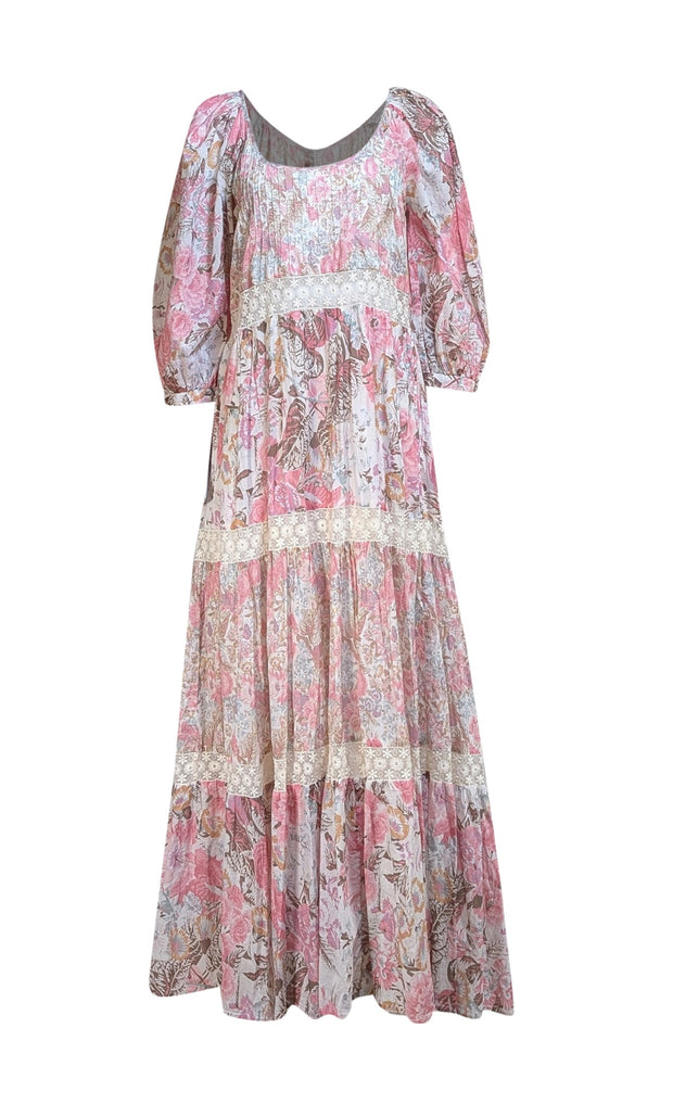 LoveShackFancy - Pink, Beige, & Brown Floral Print Maxi Dress Sz S