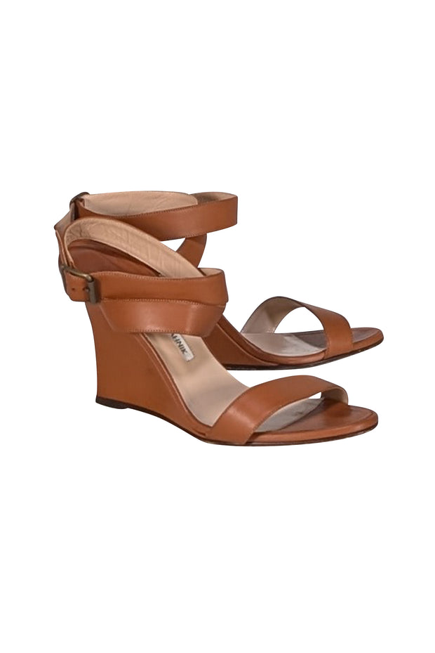 Manolo Blahnik - Tan Leather Strappy Wedge Sandals Sz 9