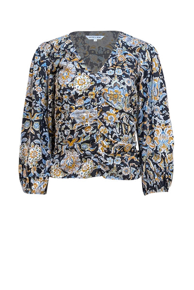 Veronica Beard - Black w/ Yellow & Blue Floral Print Poplin Blouse Sz 0 - Current Boutique