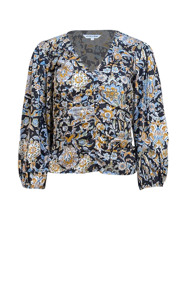 Veronica Beard - Black w/ Yellow & Blue Floral Print Poplin Blouse Sz 0 - Current Boutique