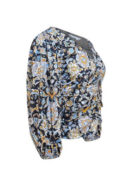 Veronica Beard - Black w/ Yellow & Blue Floral Print Poplin Blouse Sz 0 - Current Boutique
