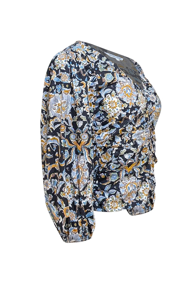 Veronica Beard - Black w/ Yellow & Blue Floral Print Poplin Blouse Sz 0 - Current Boutique