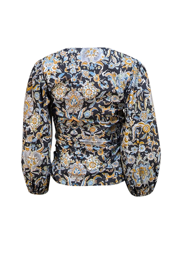 Veronica Beard - Black w/ Yellow & Blue Floral Print Poplin Blouse Sz 0 - Current Boutique