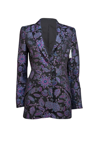 Elie Tahari - Black, Purple, and Blue Floral Print Blazer Sz 6 - Current Boutique