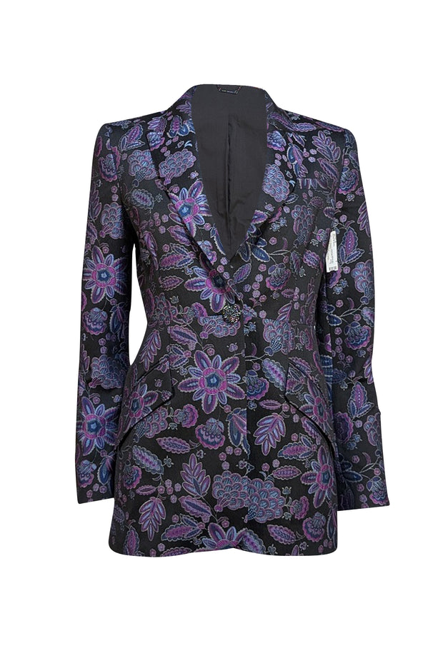 Elie Tahari - Black, Purple, and Blue Floral Print Blazer Sz 6 - Current Boutique