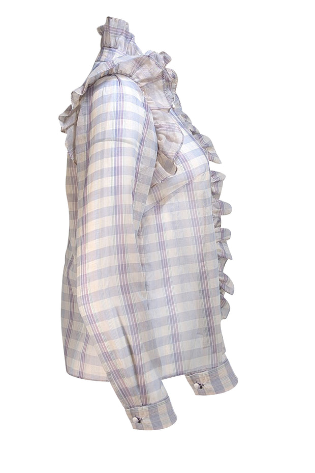 Christy Lynn - White & Lavender Plaid Sheer "Tess" Shirt Sz S - Current Boutique