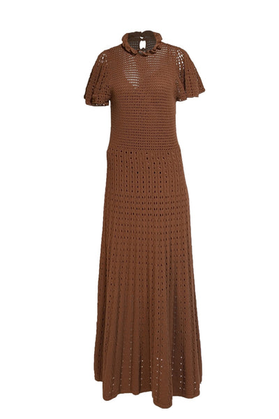 Rebecca Taylor - Brown Crochet Knit Button Back Maxi Dress Sz L - Current Boutique