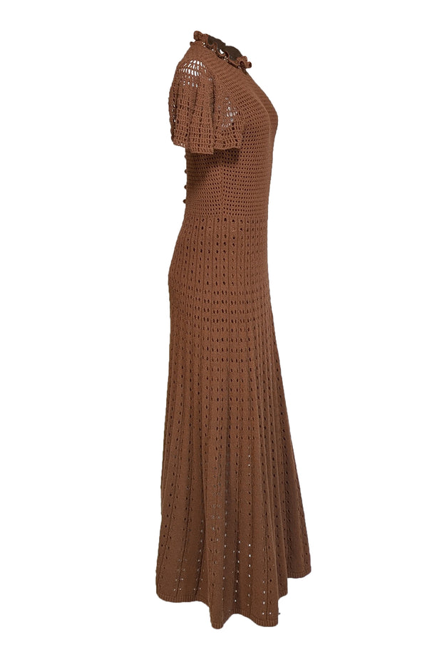 Rebecca Taylor - Brown Crochet Knit Button Back Maxi Dress Sz L - Current Boutique